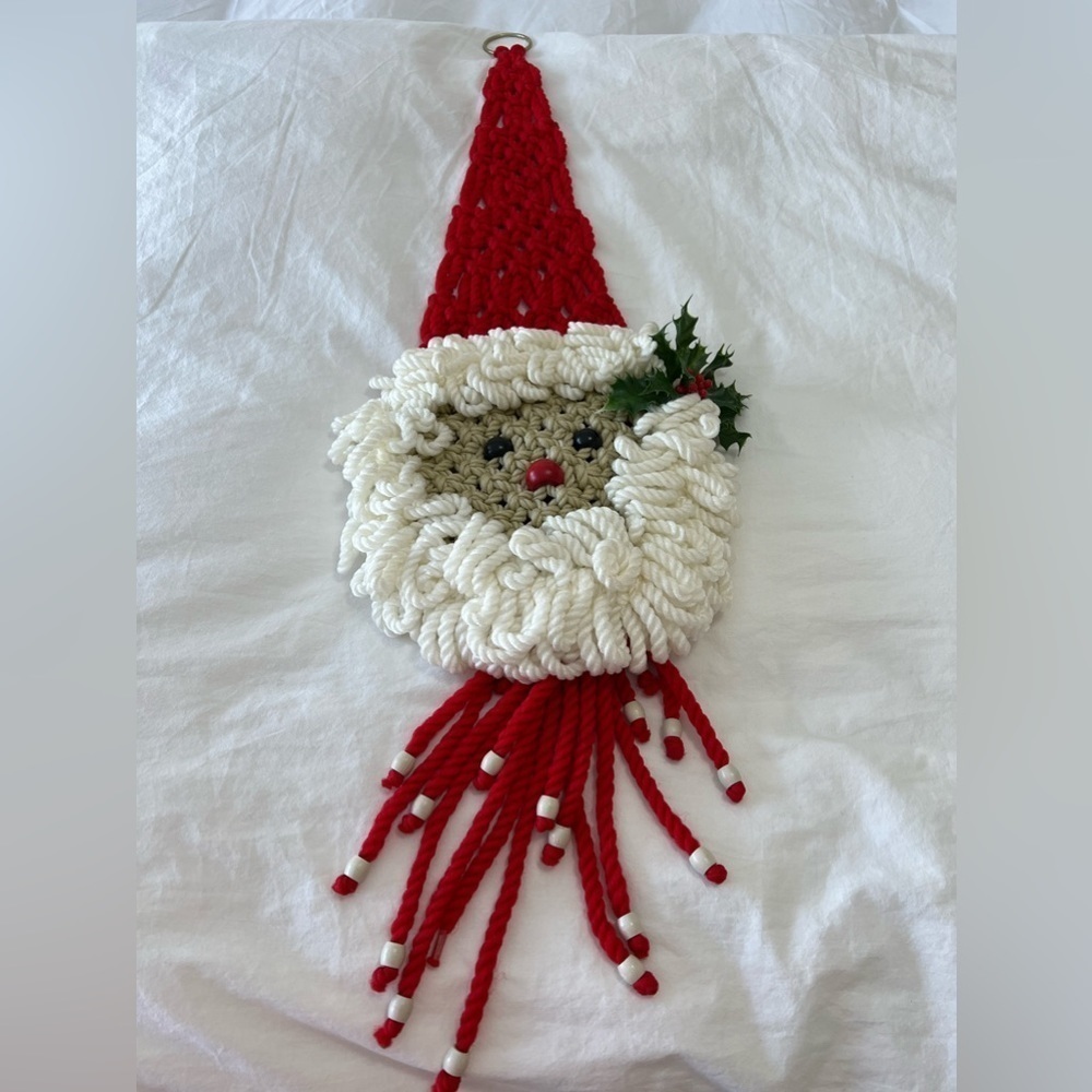 MACRAME Santa Door Decor Wall Hanger Christmas Ornament MCM Rustic Beaded.